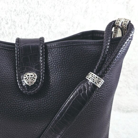 BRIGHTON Black Pebble and Black Croc Embossed Leather Shoulder Bag Braided Strap - Picture 5 of 16